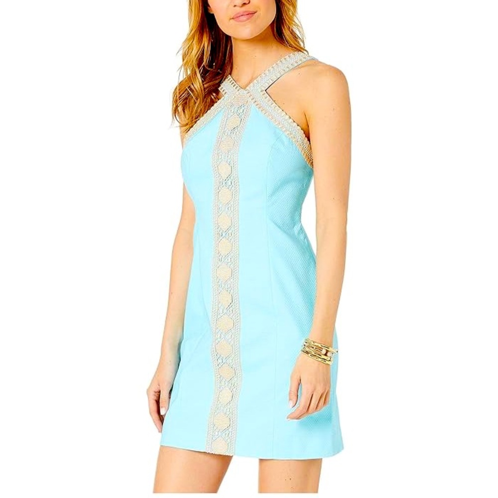 Lilly Pulitzer (8) Blue/Gold Details Vena Stretch Shift Mini Dress: Preppy Boho
